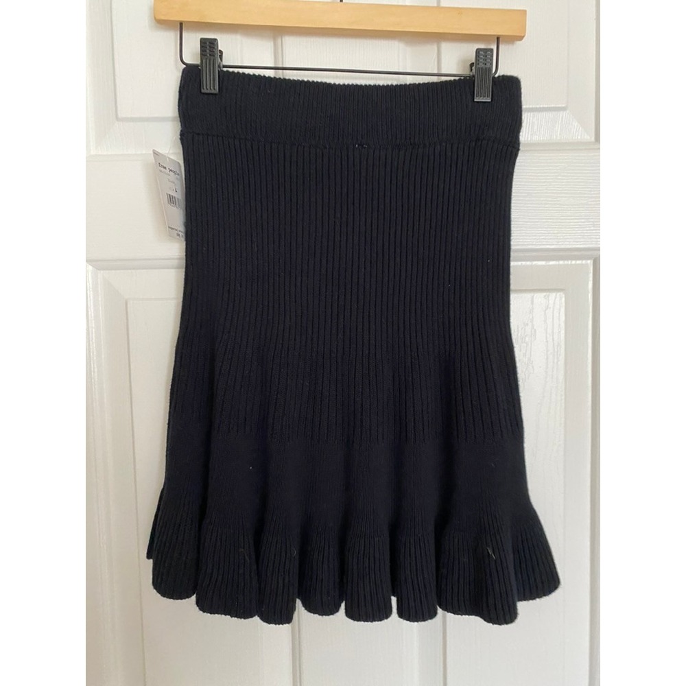Free People Mini Skirt Womens L Black Ribbed Knit Flounce Hem Balletcore Preppy